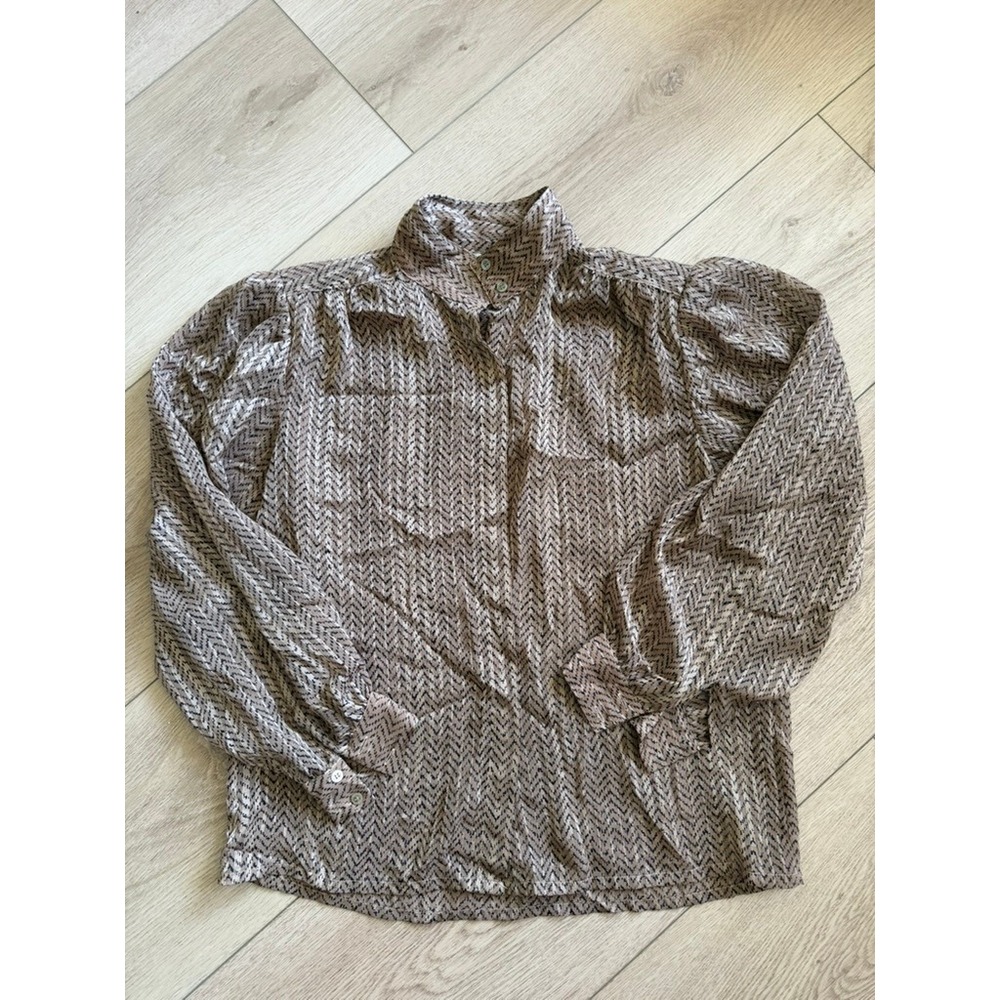 Vintage La Chine Petites Galinda Wang Chevron Puff Sleeve Blouse Tan‎ Black 12P